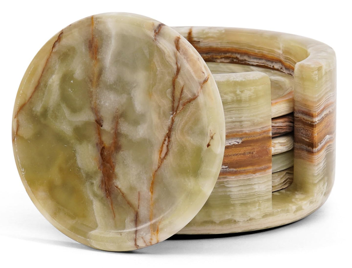 Travertine Coasters Set of 6 with Holder Round 3.5 Inch