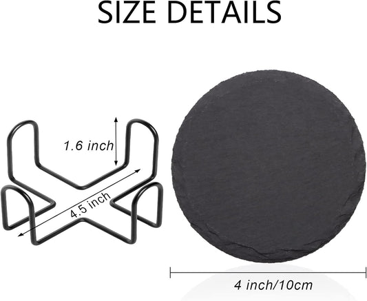 4 PCS Round Slate Drink Coasters Set, SIJDIEE 4 Inch Laser Engraving Black Slate Stone Coasters with Anti-Scratch Bottom and Coaster Holder for Office Bar Kitchen Home Dinner Table Decor Supplies