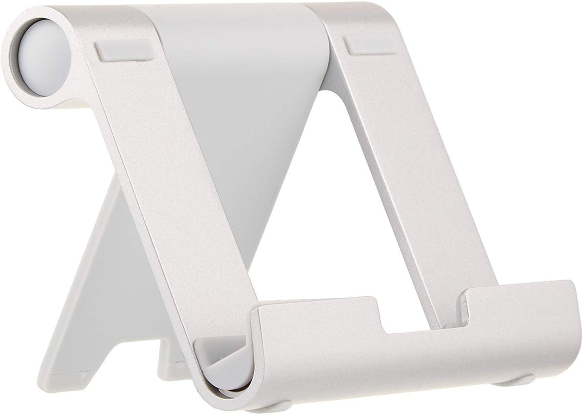 Amazon Basics Multi-Angle Portable Foldable Stand for Tablets, E-Readers and Phones, Non-Slip Desktop Holder for iPads, iPhones, Kindles, Hands-Free Viewing - Silver