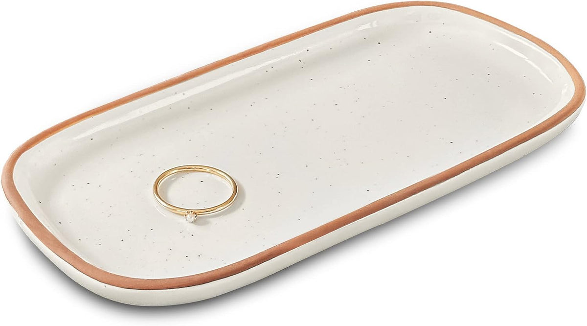 Mora Small Ceramic Decorative Tray – Rectangle 6.4 Inch Dish for Jewelry, Perfume, Makeup, Accessories, Candle, in the Bathroom Vanity, Bedside, or Kitchen Counter – Cute Organizer – White