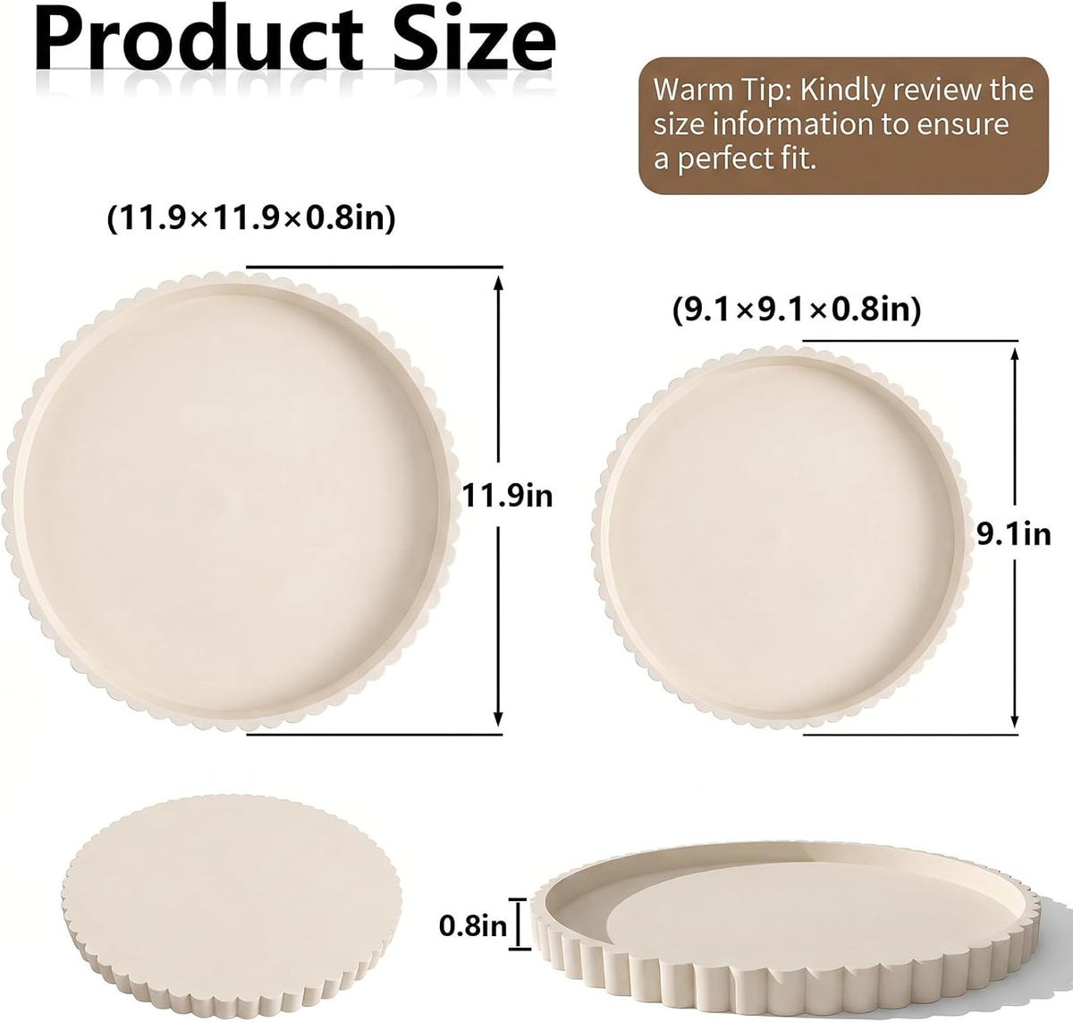 Silicone Bathroom Vanity Trays for Counter - 9.1 Inch Round Small Bathroom Tray with Scalloped Edge Vanity Organizer, Coffee Table Decor, Decorative Tray for Candle Key Skincare Perfume Storage, Beige