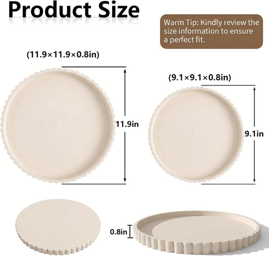 Silicone Bathroom Vanity Trays for Counter - 9.1 Inch Round Small Bathroom Tray with Scalloped Edge Vanity Organizer, Coffee Table Decor, Decorative Tray for Candle Key Skincare Perfume Storage, Beige