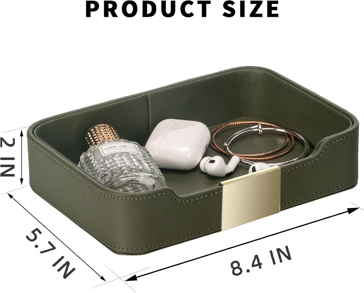 SANZIE Luxury Leather Tray Organizer, Valet Tray Key Bowl (Khaki Green)