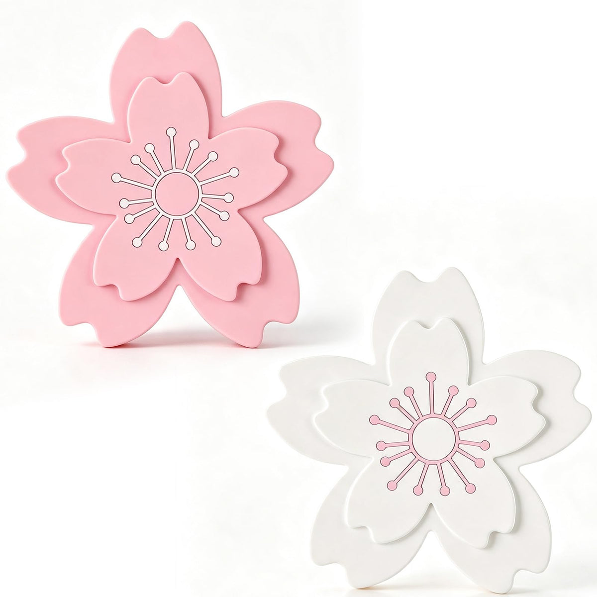 Sakura Coffee Cup Mat Kawaii Coaster 2PCS Cute Cherry Blossom PVC Home Tea Mug Pink Flower Pattern Anti-Skid Pot Bowl Pad Placemat for Desk Drink Table Decor Kawaii Accessories (Small)