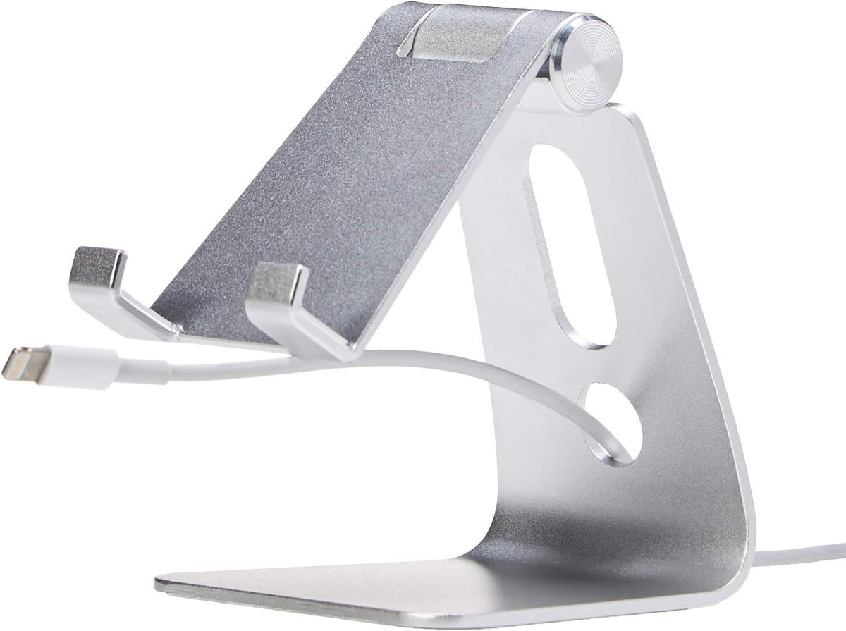 Amazon Basics Adjustable Aluminum Phone Stand for Cell Phones, iPhone and Android, Desktop Phone Holder with Adjustable Angle, Hands-Free Viewing, 3.15 x 2.87 x 3.74 inch, Silver
