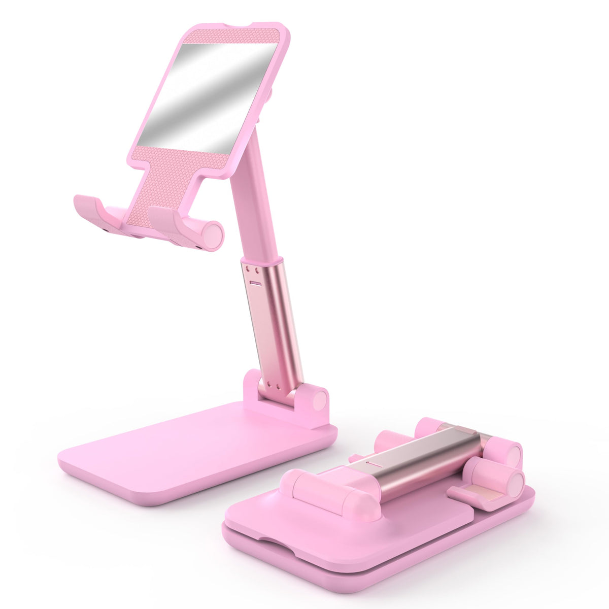 Cell Phone Stand, Adjustable Angle and Height Cell Phone Holder for Desk, Foldable and Portable, Anti-Slip Silicone Pad, Compatible with All Mobile Phones and 4-8 Inch Devices, Pink