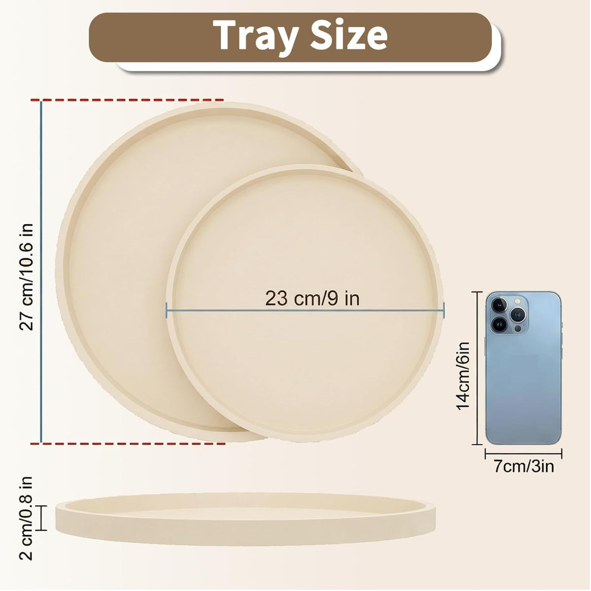 Round Beige Silicone Decorative Bathroom Vanity Tray 9 Inch, Counter Tray for Bathroom Countertop Perfume Holder Dresser Organizer Coffee Table Candle, Non-Slip Durable for Home Use