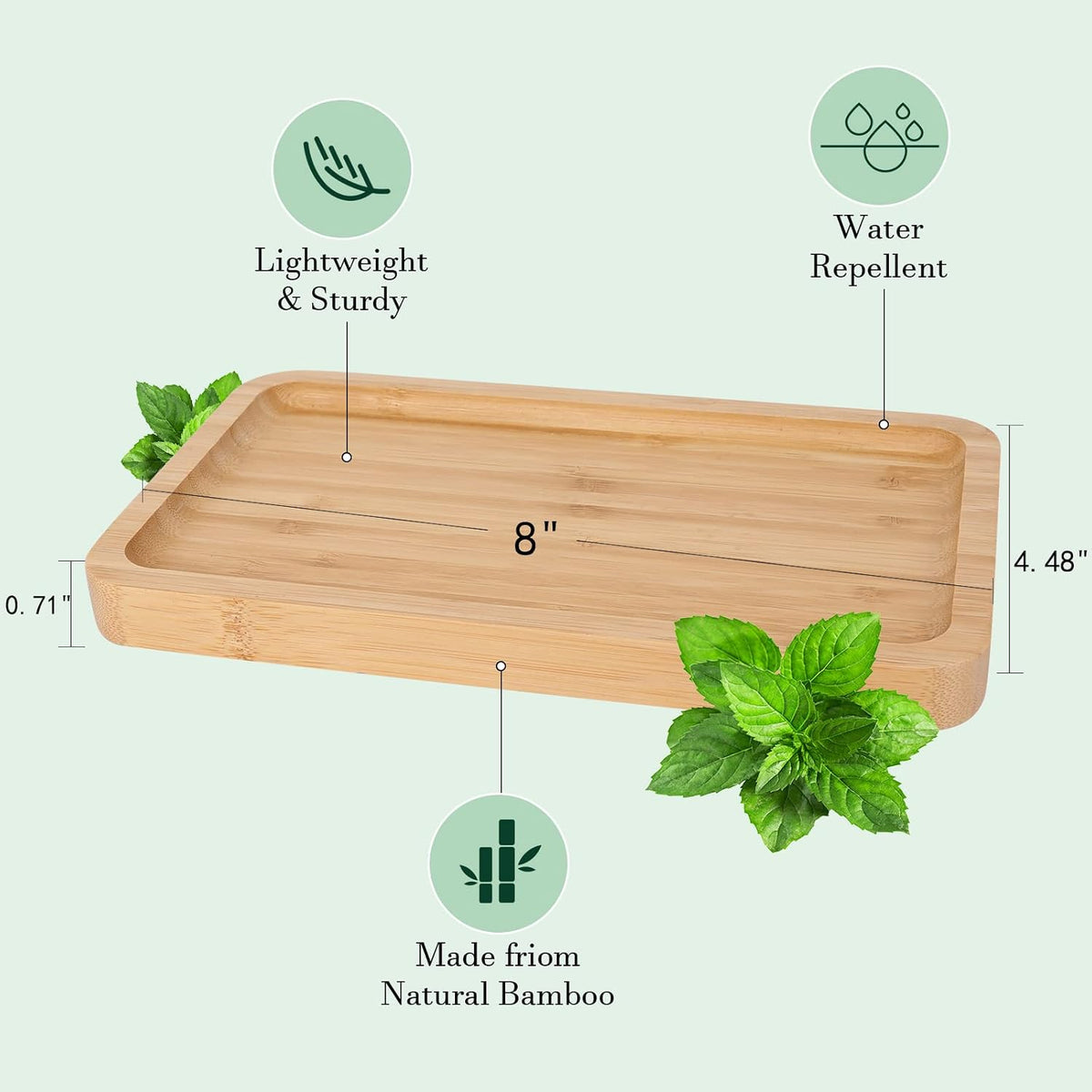 Natural Bamboo Vanity Tray, Smooth Wooden Bathroom Organizer