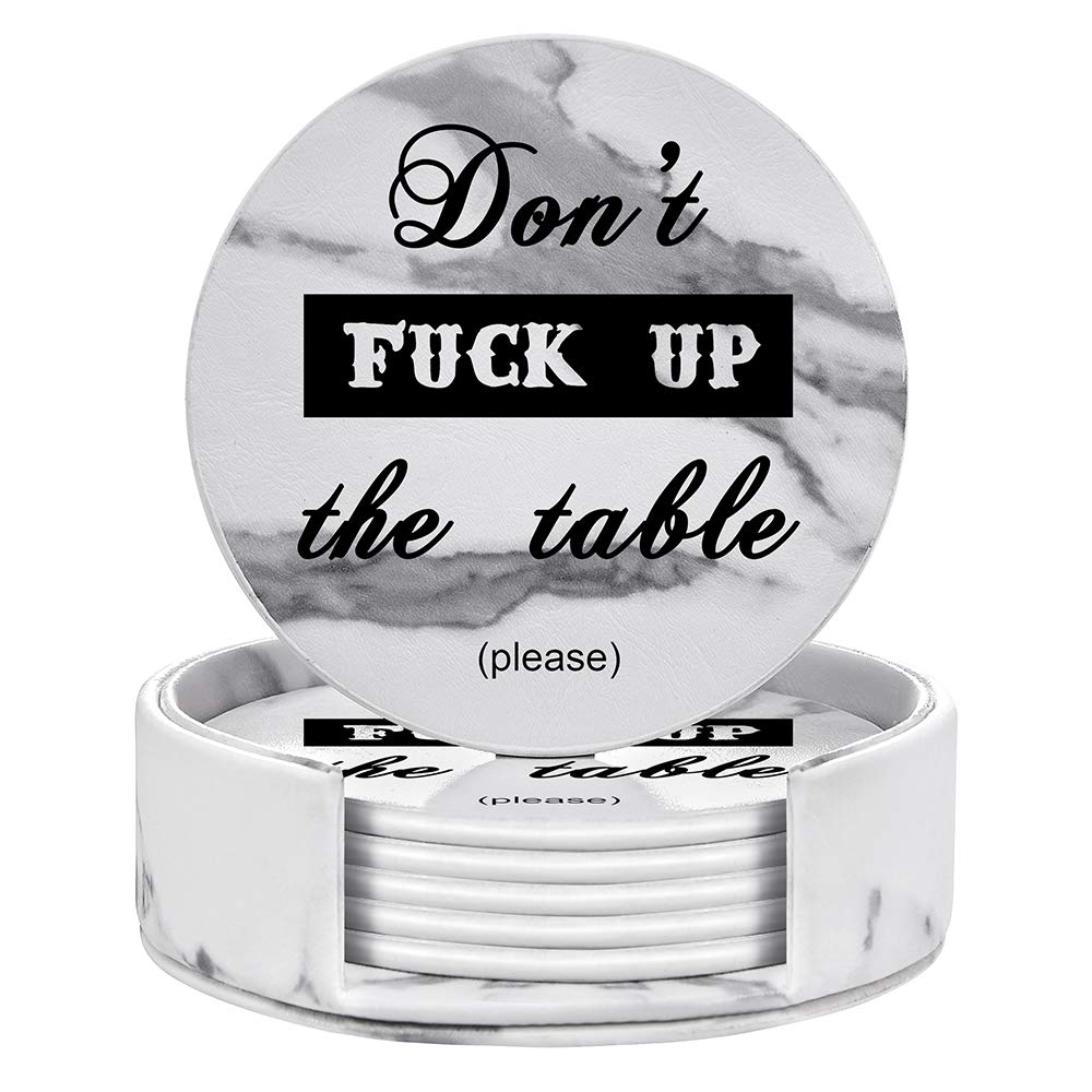 Funny Coasters, Thipoten 6 Pcs Leather Coasters with Holder, Perfect Housewarming Hostess Gifts, Protect Furniture from Water Marks Scratch and Damage(6Pcs, Black)