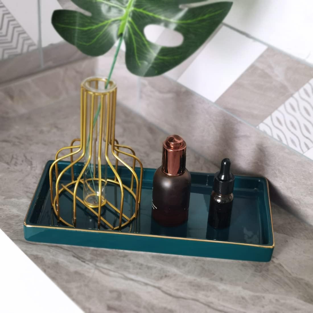 10 x 5 Ceramic Bathroom Tray for Countertop, Decorative Vanity Tray for Dresser Tops, Small Rectangular Trays for Perfume, Candle, Jewelry, Cosmetics (Green)