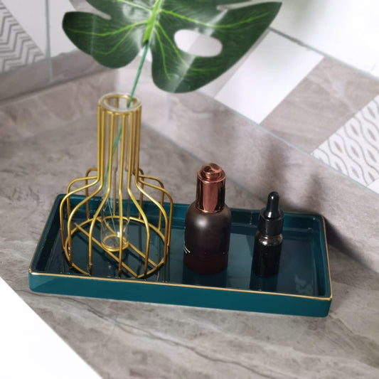 10 x 5 Ceramic Bathroom Tray for Countertop, Decorative Vanity Tray for Dresser Tops, Small Rectangular Trays for Perfume, Candle, Jewelry, Cosmetics (Green)