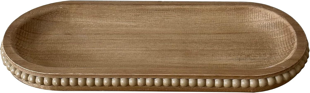 dwellington Wooden Farmhouse Decorative Tray, 11.8in Rustic Beaded Tray for Living Room Decor, Kitchen Table Décor, Oval Coffee Table Serving Tray (Natural)