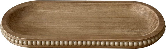 dwellington Wooden Farmhouse Decorative Tray, 11.8in Rustic Beaded Tray for Living Room Decor, Kitchen Table Décor, Oval Coffee Table Serving Tray (Natural)