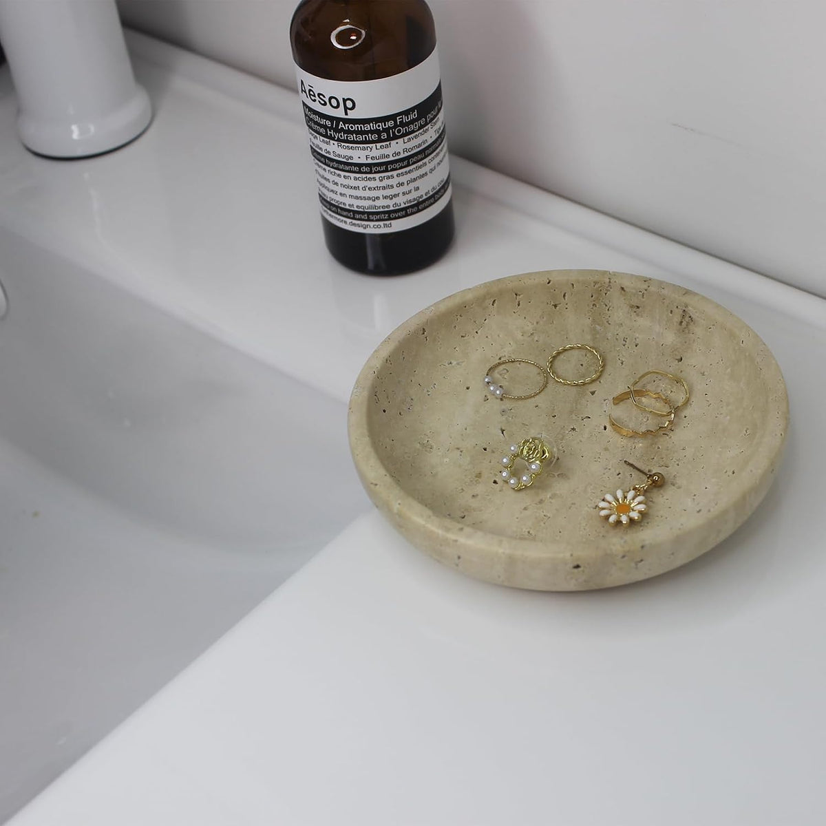 Nawgnail Natural Travertine Marble Jewelry Dish 5.5", Trinket Dish for Ring Earring, Gift for Woman Daugther(Beige Travertine)