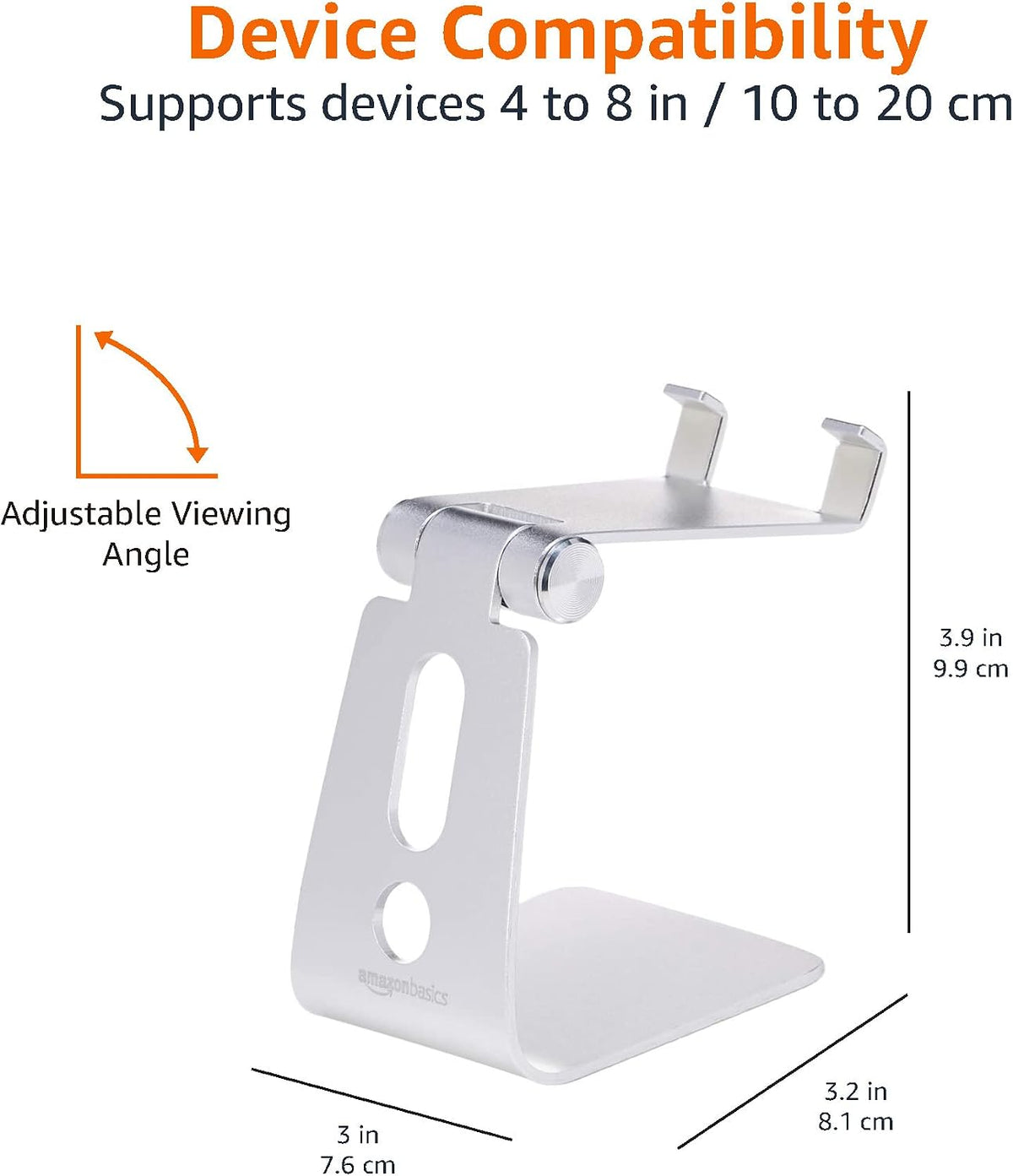 Amazon Basics Adjustable Aluminum Phone Stand for Cell Phones, iPhone and Android, Desktop Phone Holder with Adjustable Angle, Hands-Free Viewing, 3.15 x 2.87 x 3.74 inch, Silver