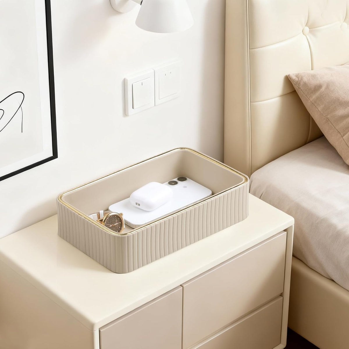 Desk Organizer Tray, PU Leather Nightstand Organizer, Beige, Small