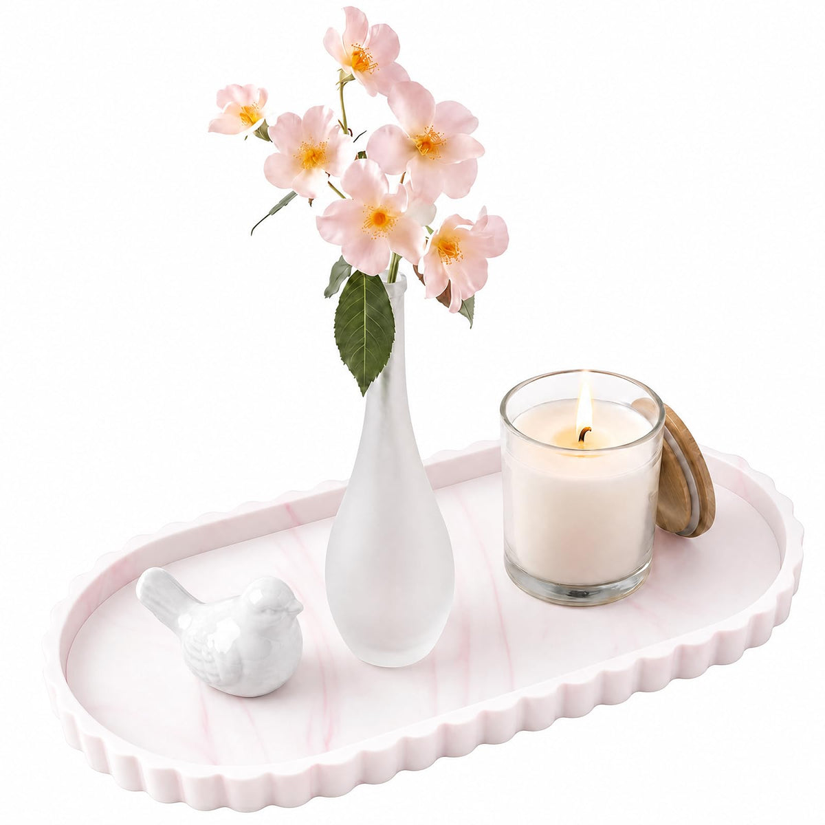 Silicone Bathroom Vanity Trays for Counter - 9.1 Inch Round Small Bathroom Tray with Scalloped Edge Vanity Organizer, Coffee Table Decor, Decorative Tray for Candle Key Skincare Perfume Storage, Beige