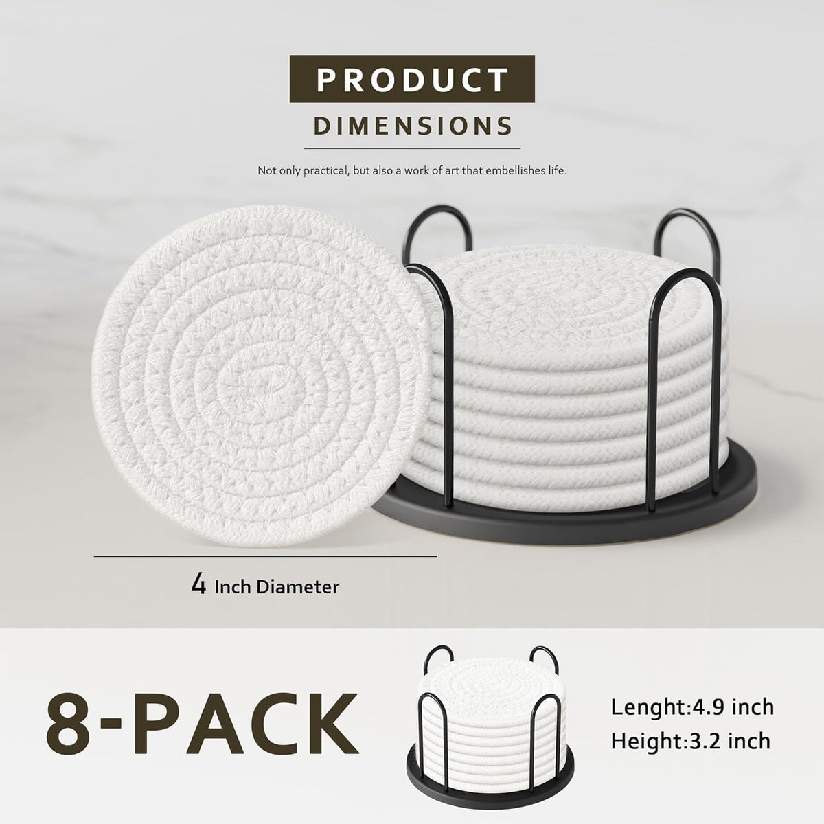 Lazebox Coasters Set of 8 for Drinks, 4 Inch Large Coasters for Coffee Table, Tabletop Protection for Hot & Cold Drinks, Versatile Coasters for Home Decor, Non-Slip & Easy to Clean, White