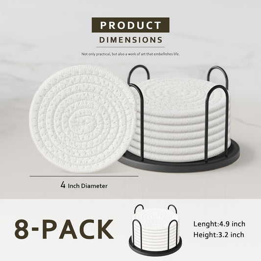 Lazebox Coasters Set of 8 for Drinks, 4 Inch Large Coasters for Coffee Table, Tabletop Protection for Hot & Cold Drinks, Versatile Coasters for Home Decor, Non-Slip & Easy to Clean, White