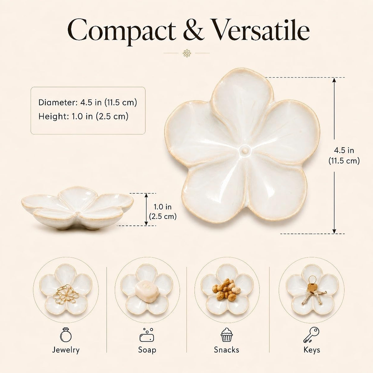 Ceramic Flower Jewelry Ring Trinket Dish Tray, Gifts for Women, White