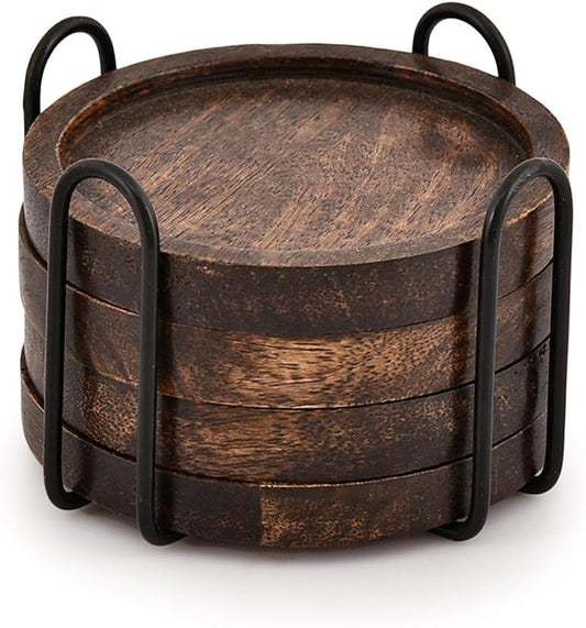 SAMHITA Mango Wood Coasters for Drinks with Iron Holder Stand Set of 4 for Drinking Glasses, Tabletop Protection for Any Table Type