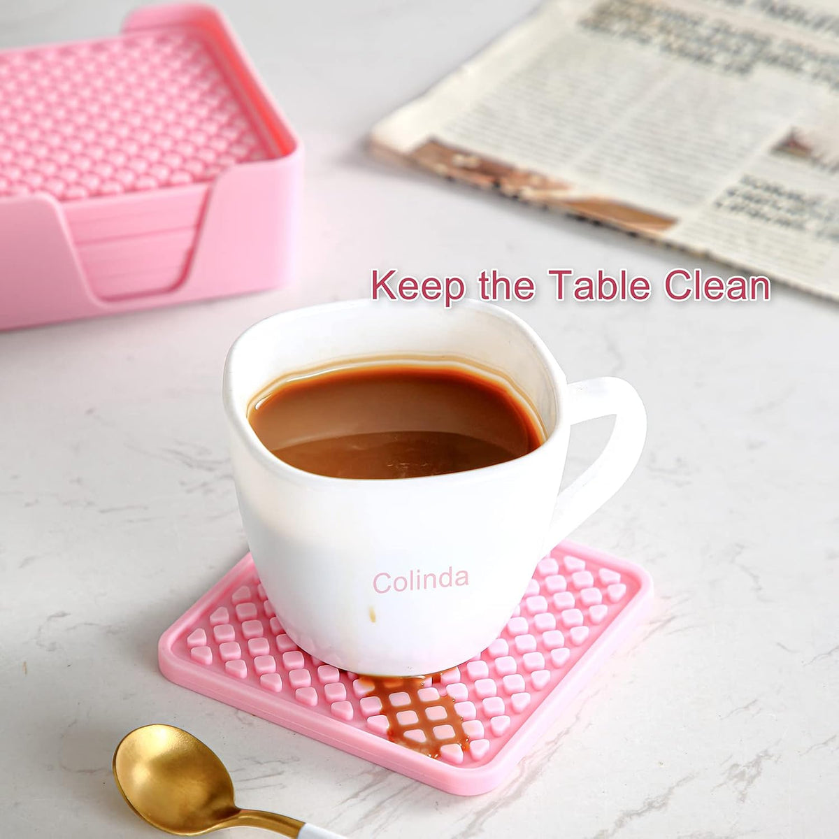 Colinda Silicone Drink Coasters with Holder, Set of 6, for Tabletop Protection and Office Desk, Cup Mat Set for Home Decor, Non-Slip and Non-Stick,Square, 4 Inch,Pink