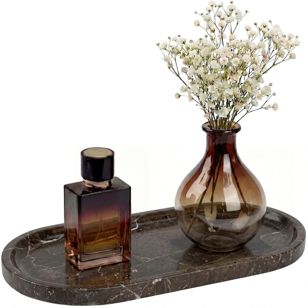 YKAJO Yellow Travertine Oval Marble Tray, 9.8x4.7 Vanity Perfume Organizer