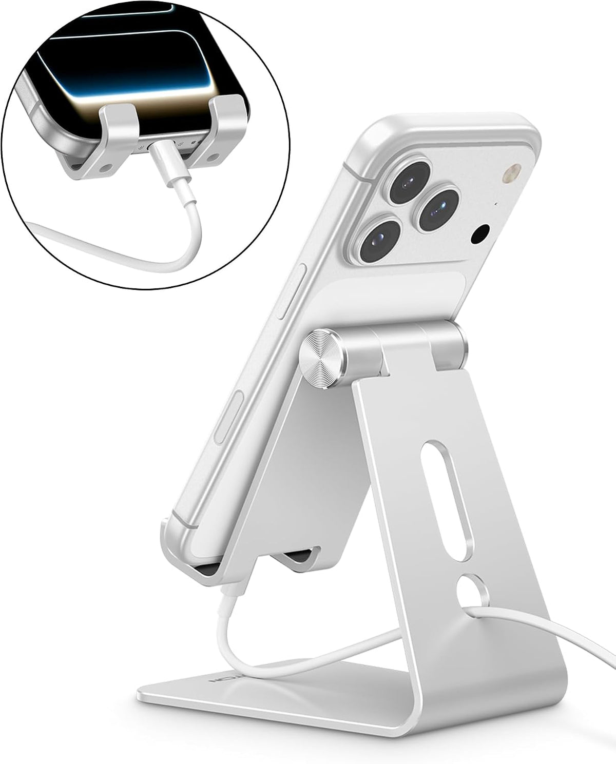 OMOTON C2 Adjustable Aluminum Cell Phone Stand with Charging Cutout, Silver