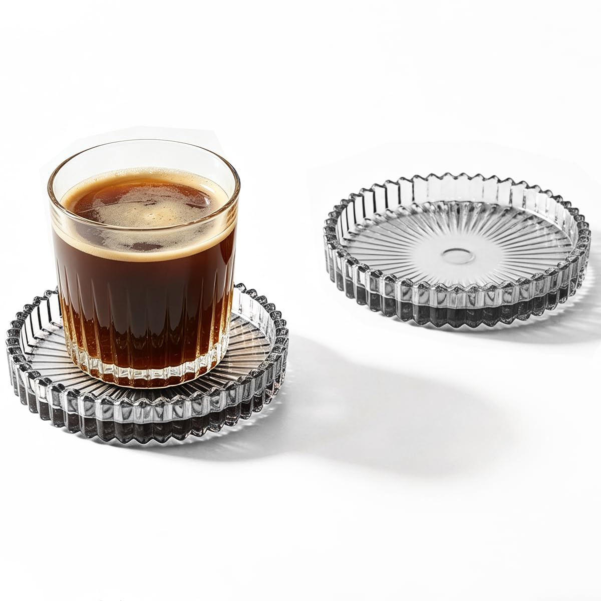 Round Modern Clear Coasters Set of 2, Glass Cup Coaster Modern Crystal Coasters for Drinks Coffee Office Bar Kitchen Home Wedding Party Decor (Clear, Set of 2)