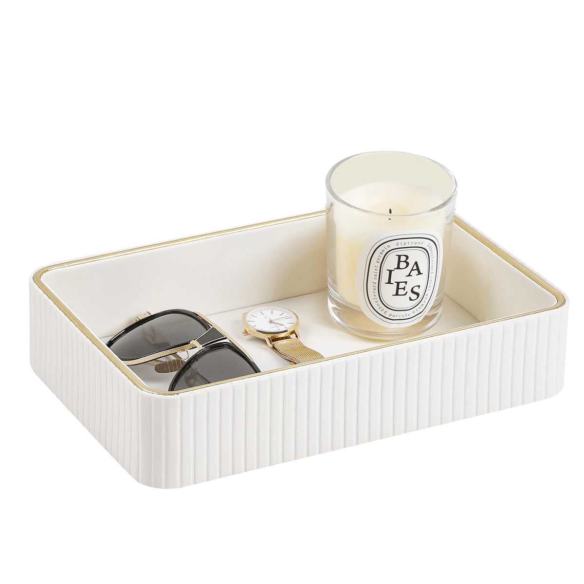 Desk Organizer Tray, PU Leather Nightstand Organizer, Beige, Small