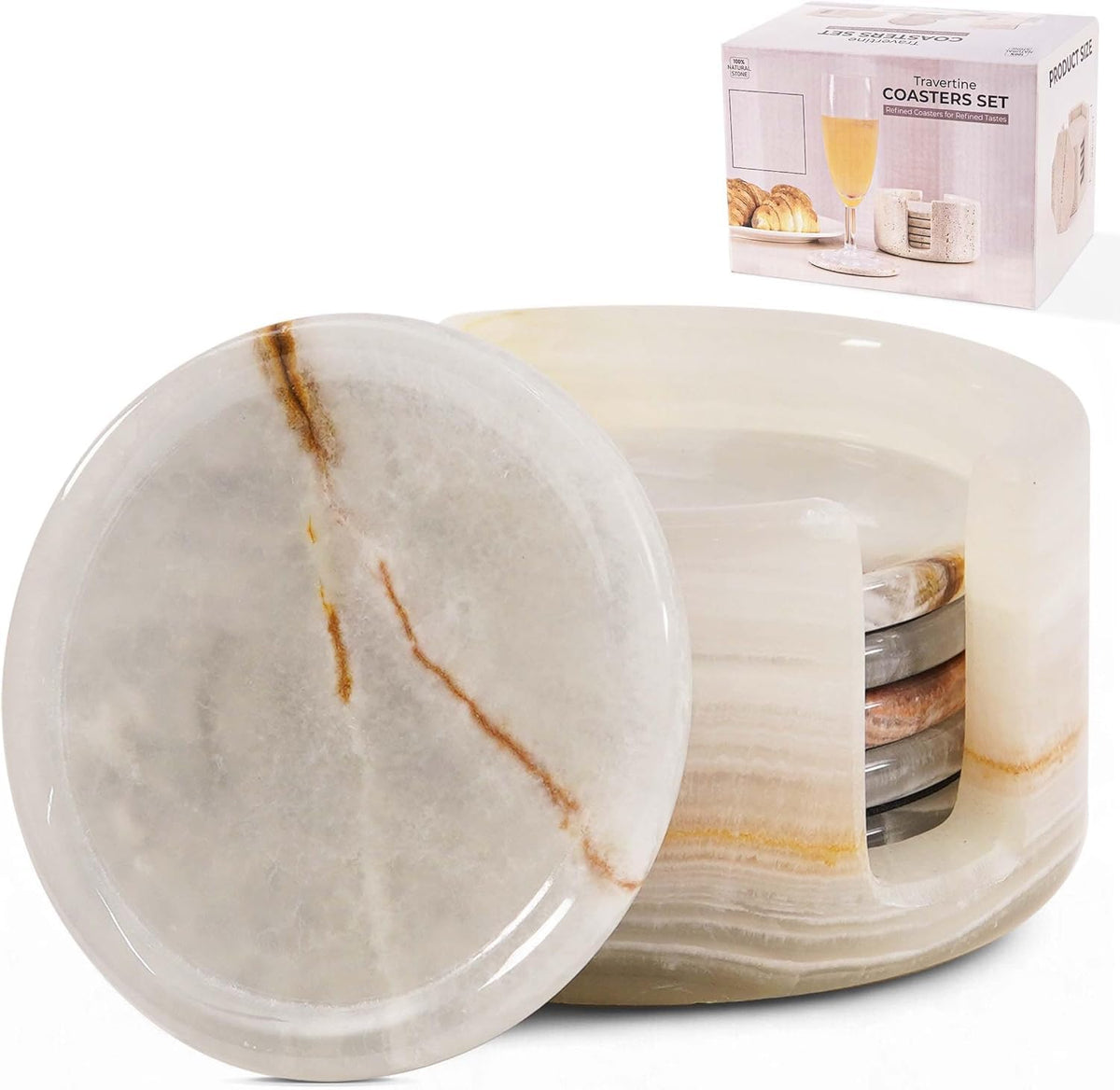 Travertine Coasters Set of 6 with Holder Round 3.5 Inch