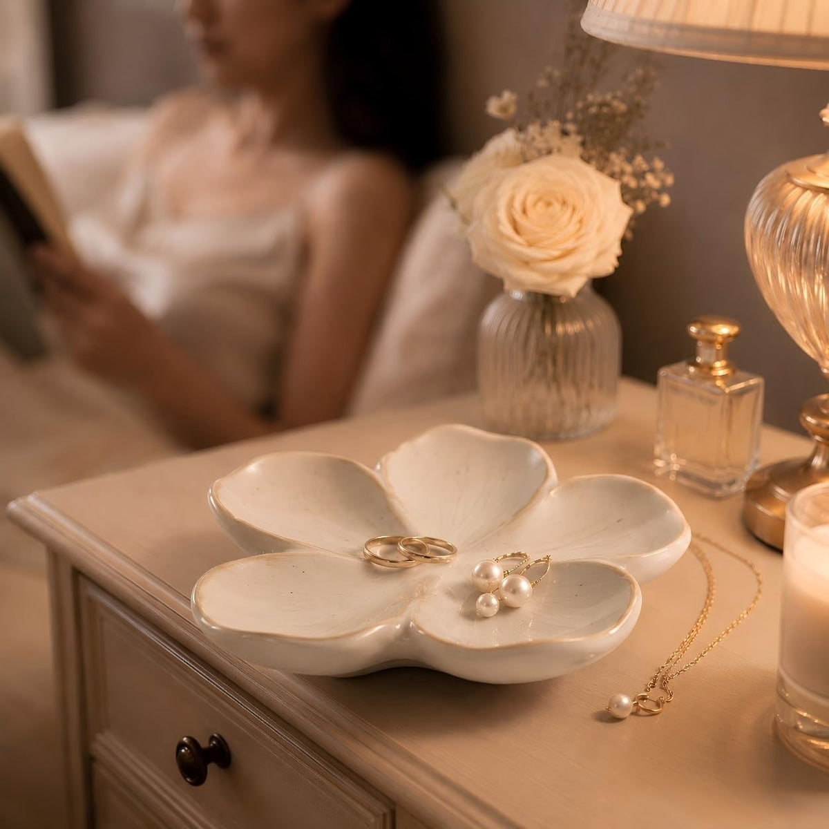 Ceramic Flower Jewelry Ring Trinket Dish Tray, Gifts for Women, White