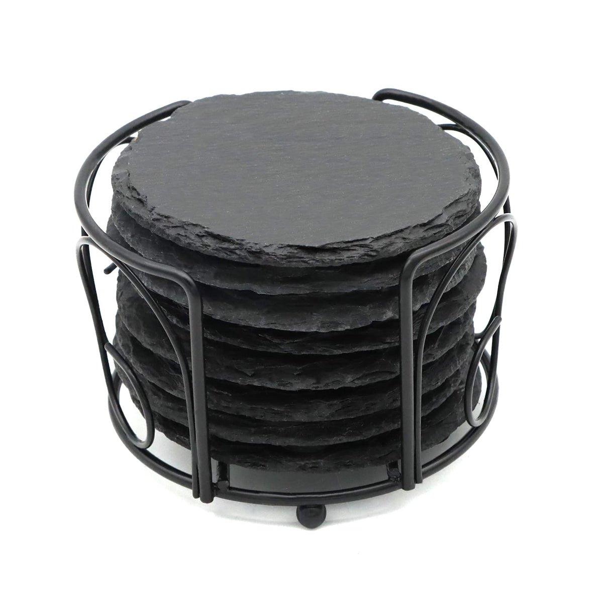 4 PCS Round Slate Drink Coasters Set, SIJDIEE 4 Inch Laser Engraving Black Slate Stone Coasters with Anti-Scratch Bottom and Coaster Holder for Office Bar Kitchen Home Dinner Table Decor Supplies