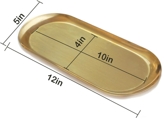 12inch Large Decorative Tray, Thicken Stainless Steel Bathroom Vanity Tray for Dresser Counter, Oval Jewelry Perfume Cosmetics Trays Organizer (Gold)