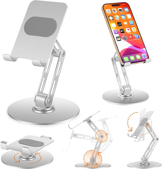 Adjustable Aluminum Phone Stand, 360° Rotating Desk Phone Holder for iPhone & iPad (4-11"), Weighted Metal Base for Stable Typing, Height Adjustable Foldable Cell Phone Stand for Office