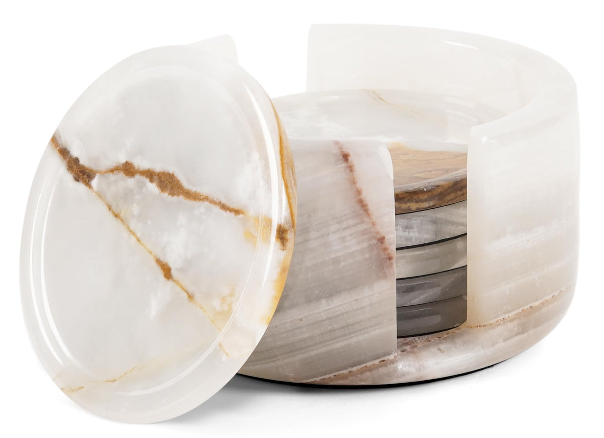 Radicaln Round Marble Coasters Set of 6 with Holder - Green Onyx Stone 3.5"