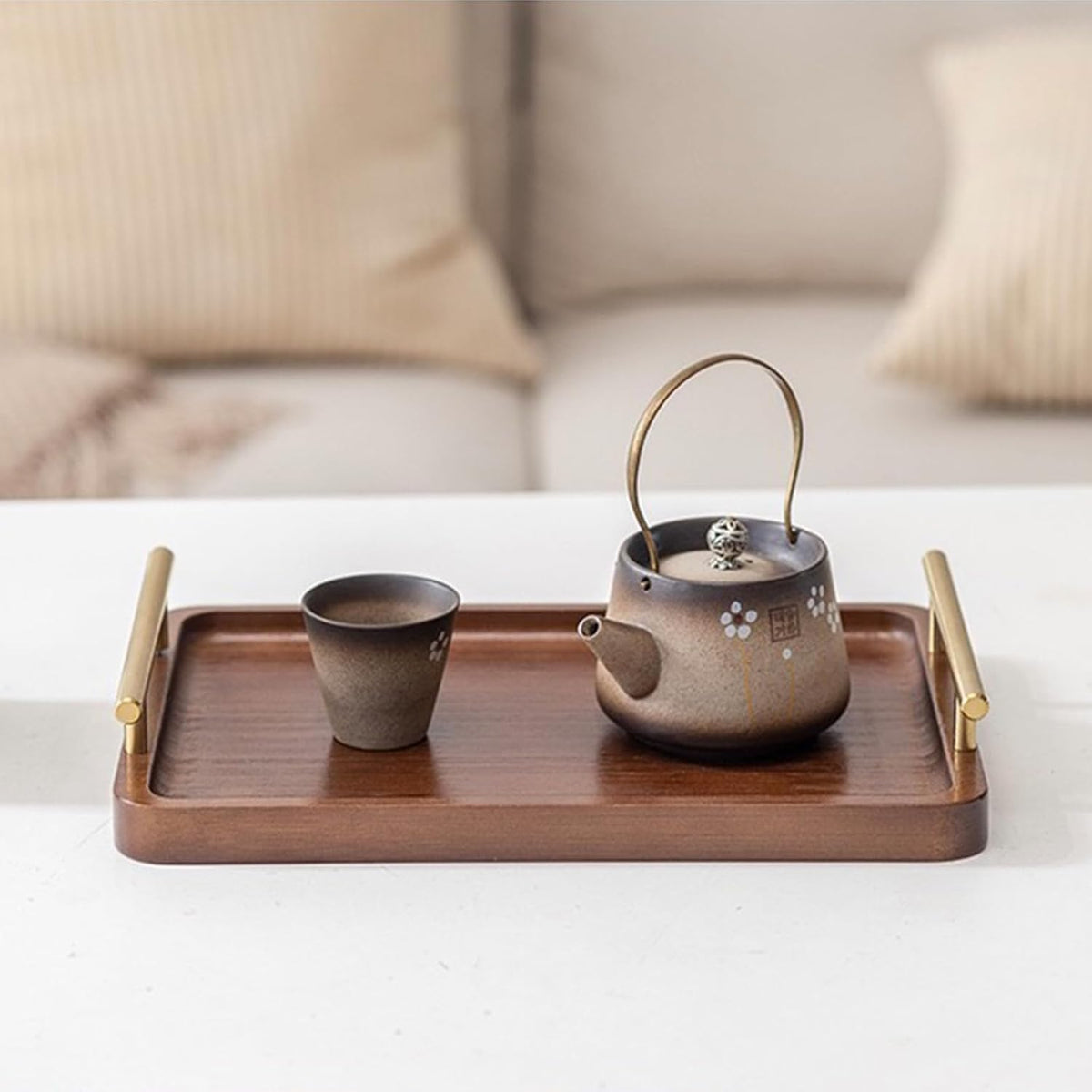 XZHXFX Bamboo Serving Tray with Gold Handles,Small