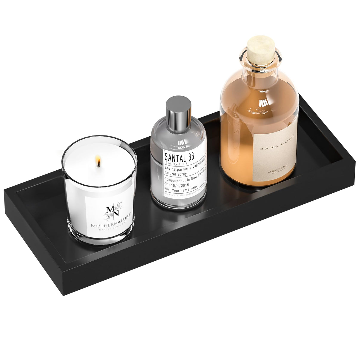 ZHWS Small Bathroom Vanity Tray for Countertop Makeup Perfume Decor Candle Jewelry, Small Kitchen Tray for Soap Dispenser Spice Sponge Holder Black Toilet Tray 7.9”L x 4.4”W x 1.14”H
