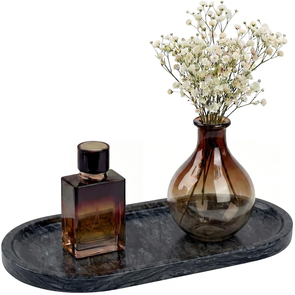 YKAJO Yellow Travertine Oval Marble Tray, 9.8x4.7 Vanity Perfume Organizer