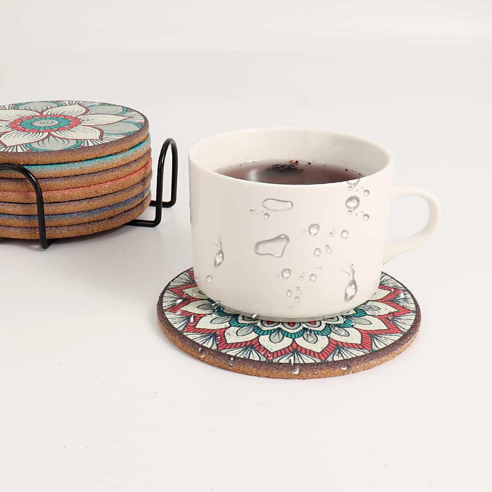 Cork Coasters Set of 8,Colorful Drink Coaster with Holder,4 Inch