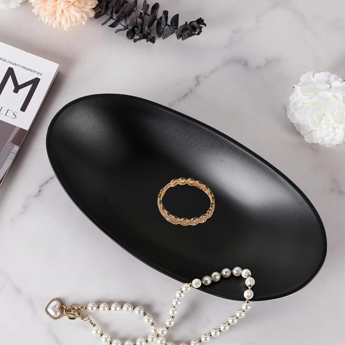 Binoster Black ring jewellery tray organiser tray, dresser decor key flat jewellery bowl decorative oval dish