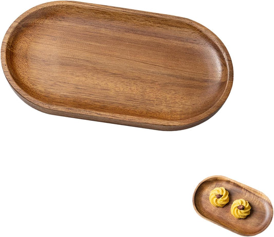 Small Wooden Tray, Oval Wood Serving Trays, Acacia Wood Platter for Coffee Tables, Dessert, Snack, Fruit, Bathroom Tray Charcuterie Board for Home Decor (S)