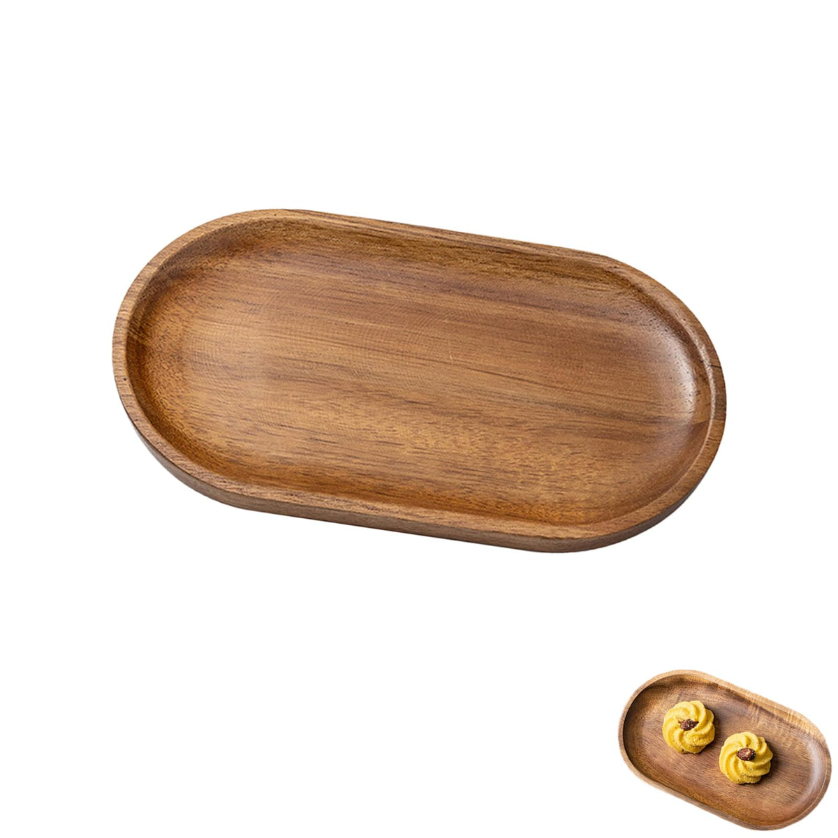 Small Wooden Tray, Oval Wood Serving Trays, Acacia Wood Platter for Coffee Tables, Dessert, Snack, Fruit, Bathroom Tray Charcuterie Board for Home Decor (S)