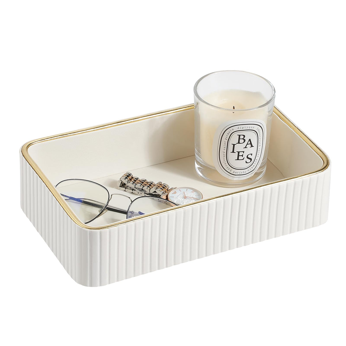 Desk Organizer Tray, PU Leather Nightstand Organizer, Beige, Small