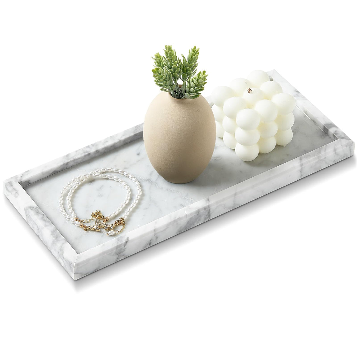 Natural Small Marble Vanity Tray, Luxury Stone Organizer for Bathroom & Kitchen | Holds Soap Dispenser, Jewelry, Perfume | Non-Resin, Non-Ceramic Décor