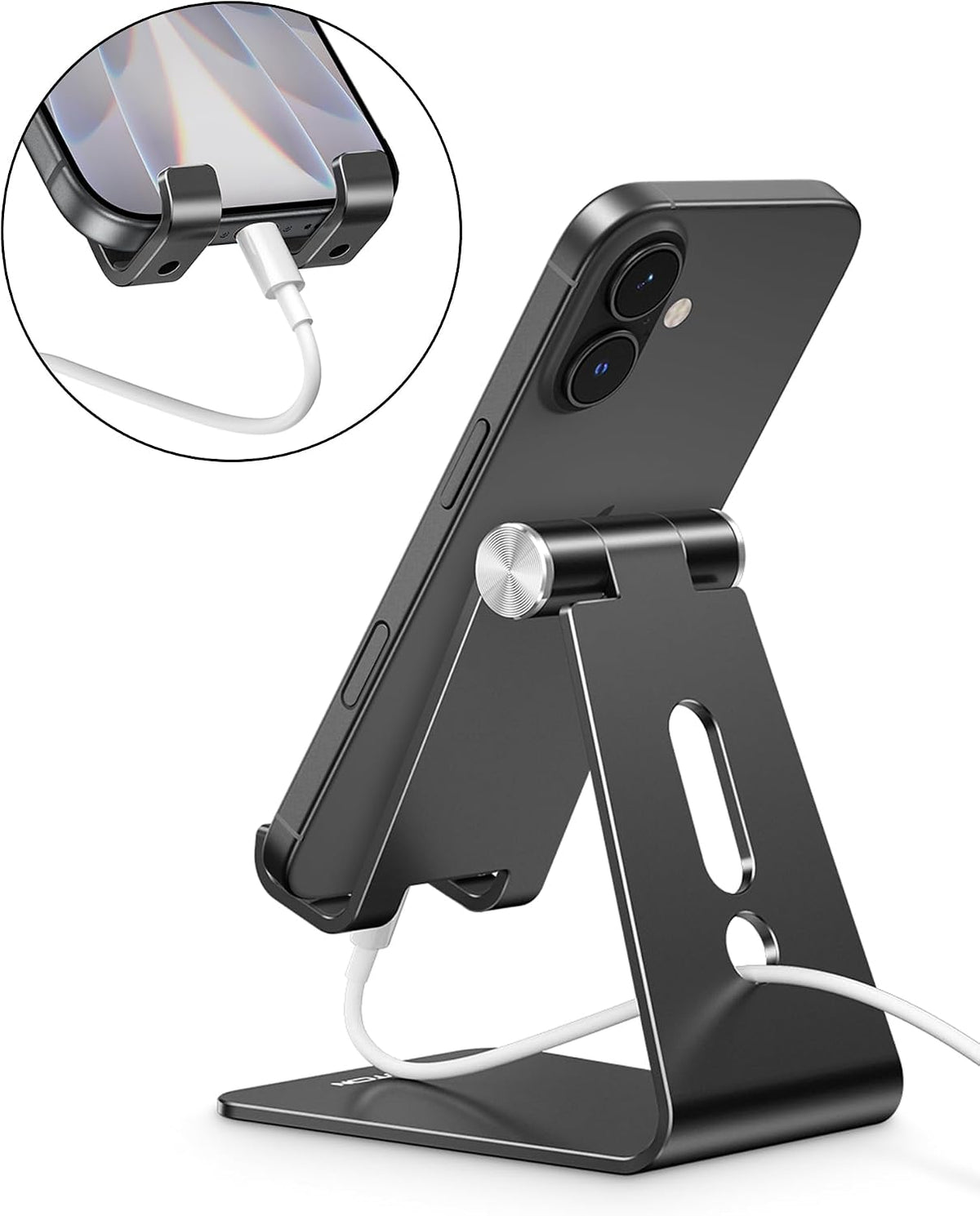 OMOTON C2 Adjustable Aluminum Cell Phone Stand with Charging Cutout, Black
