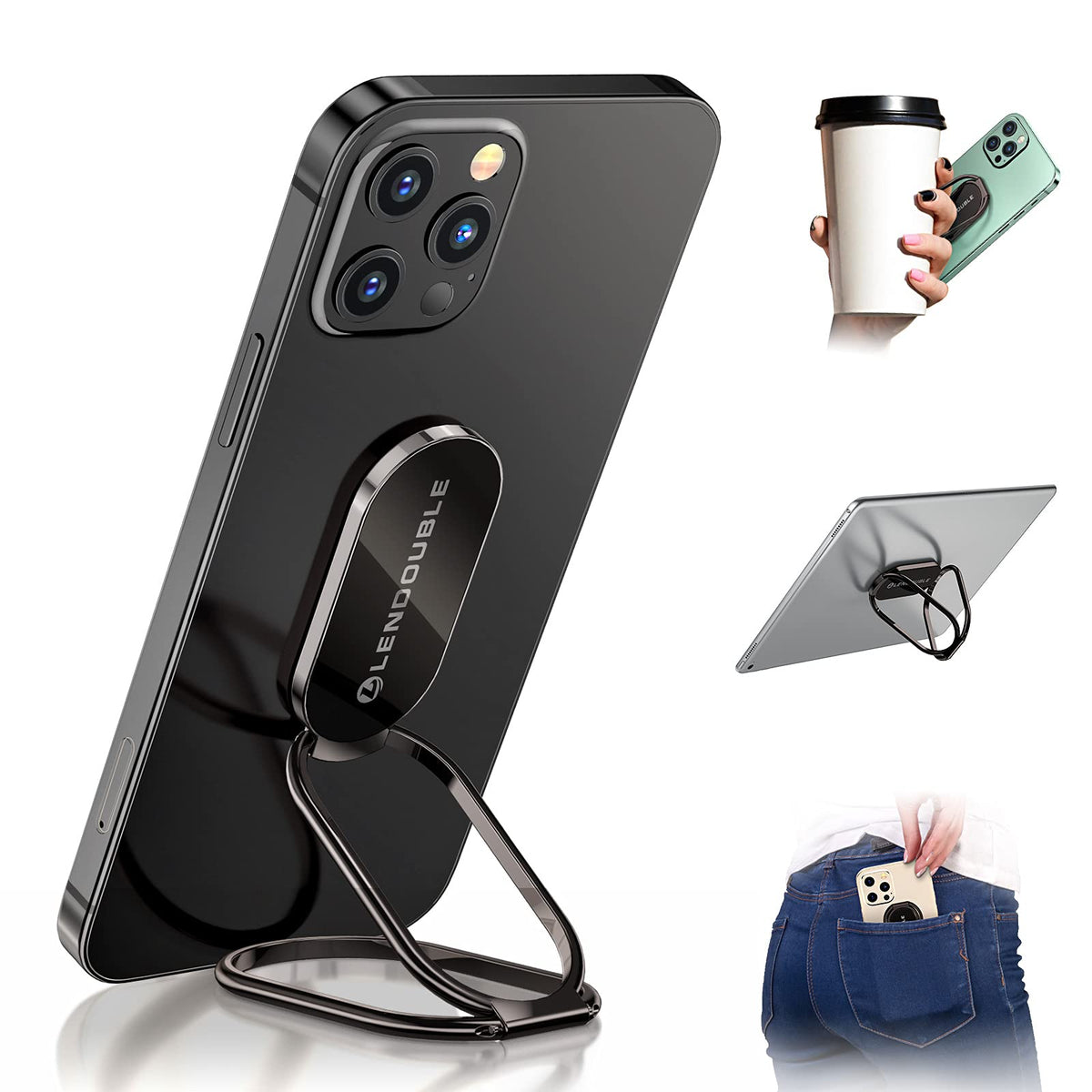 Phone Ring Holder Finger Kickstand, Ultra-Thin Metal Hand Grip, Black