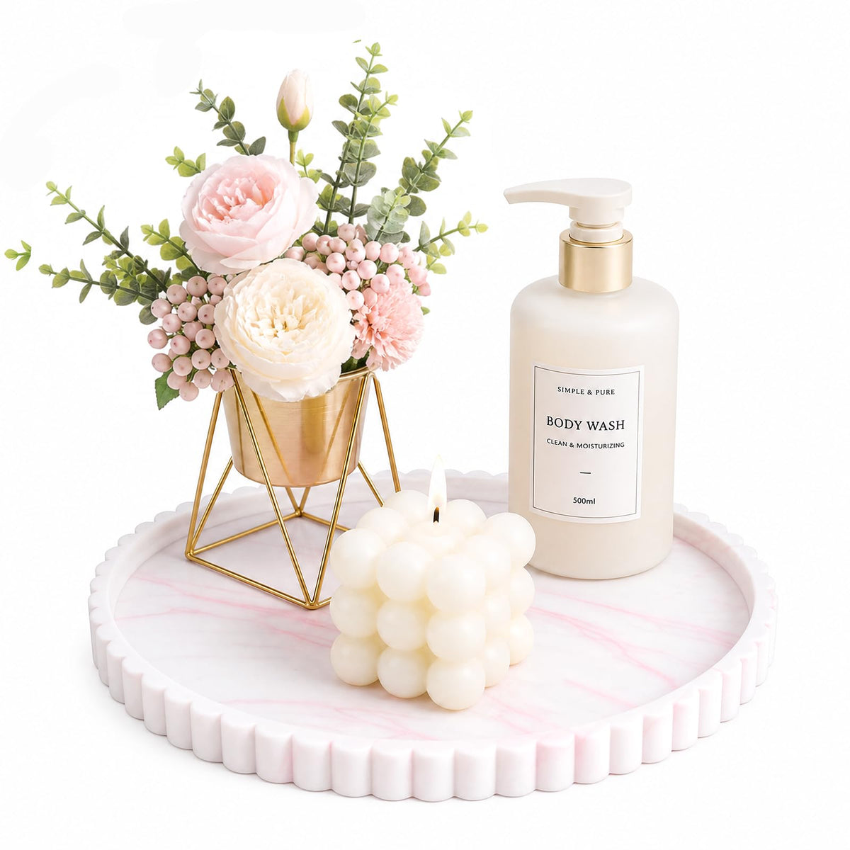 Silicone Bathroom Vanity Trays for Counter - 9.1 Inch Round Small Bathroom Tray with Scalloped Edge Vanity Organizer, Coffee Table Decor, Decorative Tray for Candle Key Skincare Perfume Storage, Beige