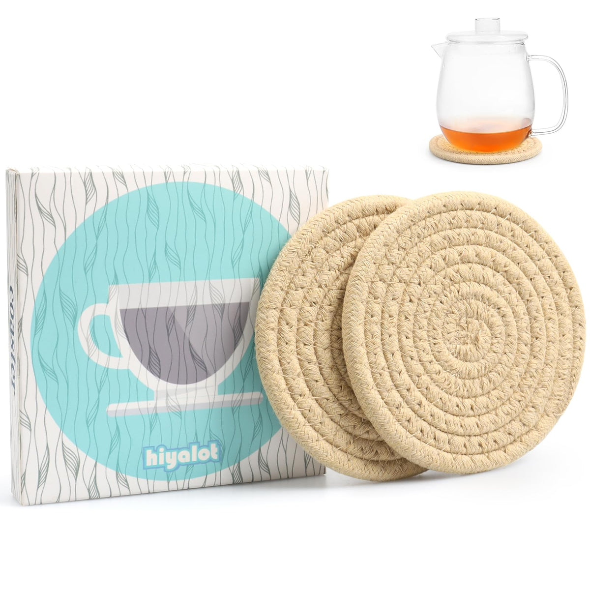 4.8" Drink Cotton Coasters Set of 2 - Large Absorbent Fabric Drink Pads for Coffee Mugs, Stylish Boho Cup Mats for Desk, Bedside Table, Plant Pots – Durable Minimalist Home Decor (Rich Blue, 2pack)