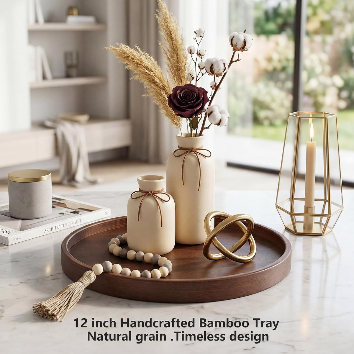 Round Bamboo Tray, 12 Inch Decorative Serving Tray with Walnut Finish Coffee Table Tray, Natural Bamboo Ottoman Tray for Vanity, Snacks, Vanity, Entryway & Home Decor